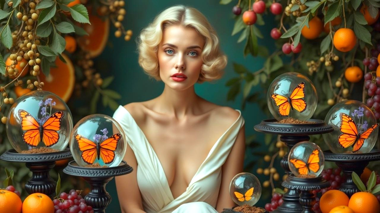 Elegant Woman Surrounded by Fruits and Butterflies