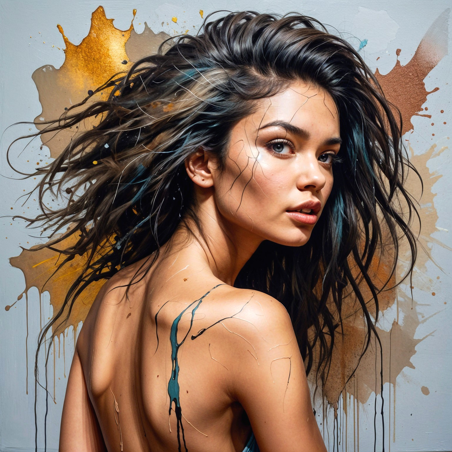 Portrait of a woman with blue hair and gold accents