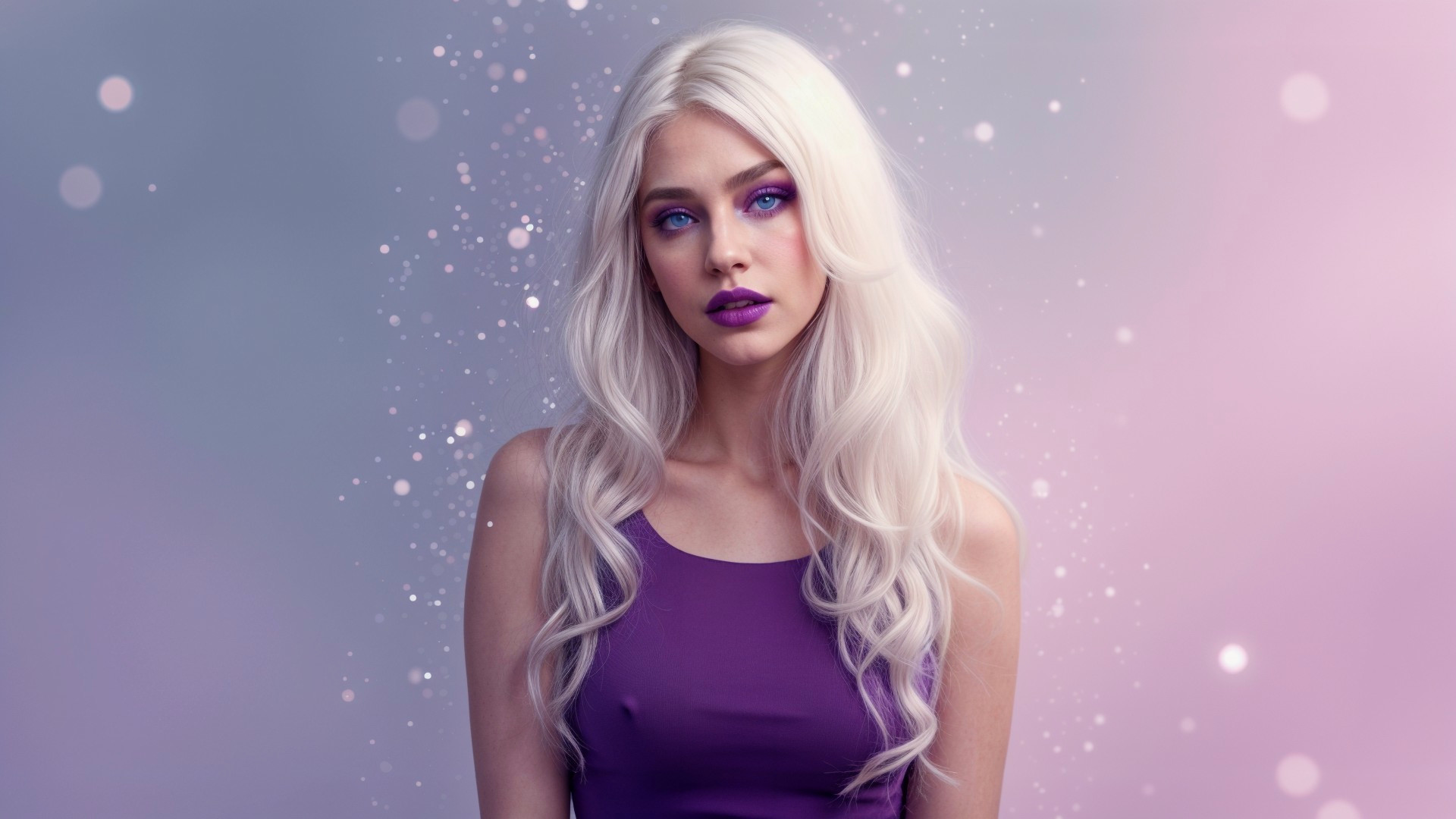 Young woman with platinum hair and violet eyes