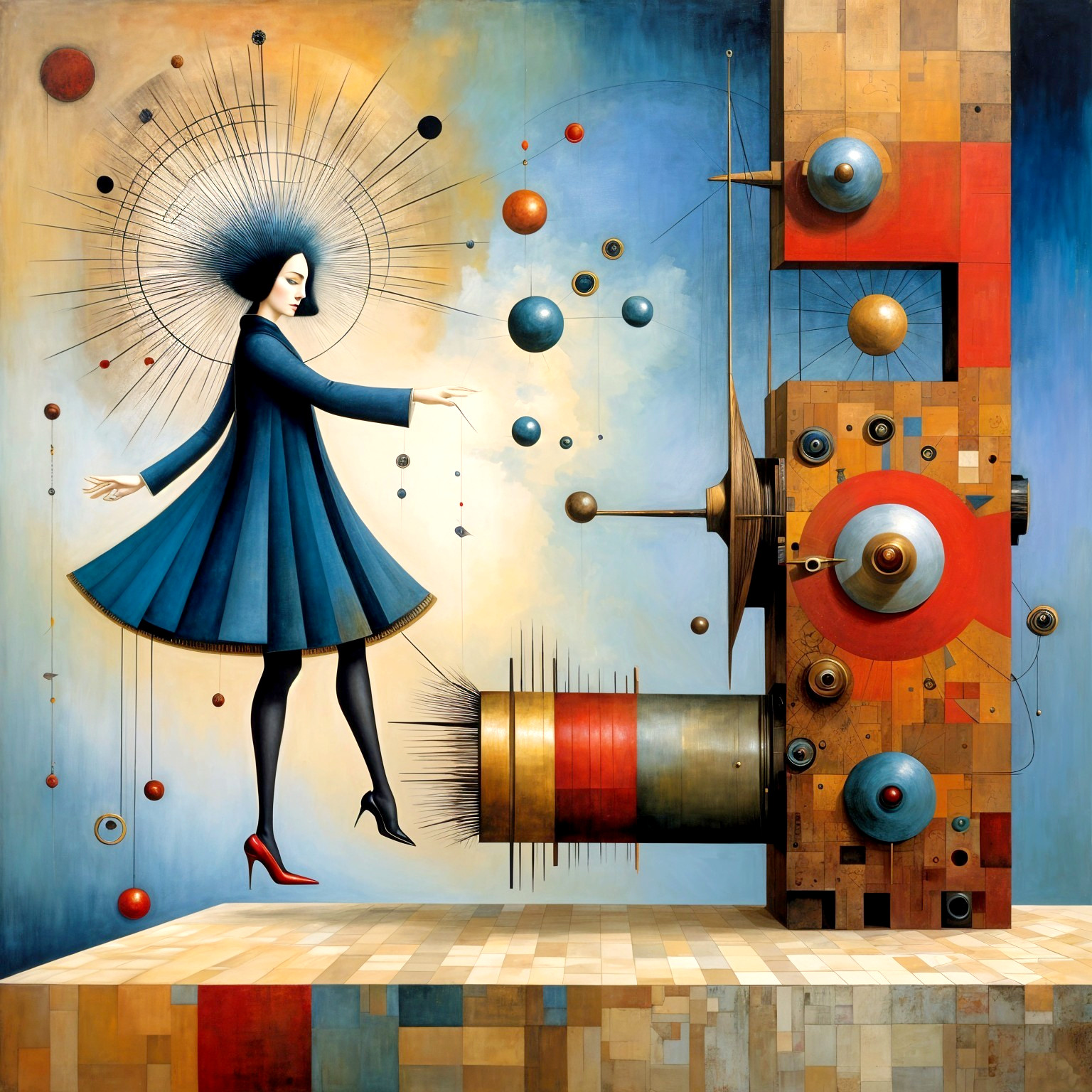 Whimsical Woman in Blue Dress on Geometric Platform