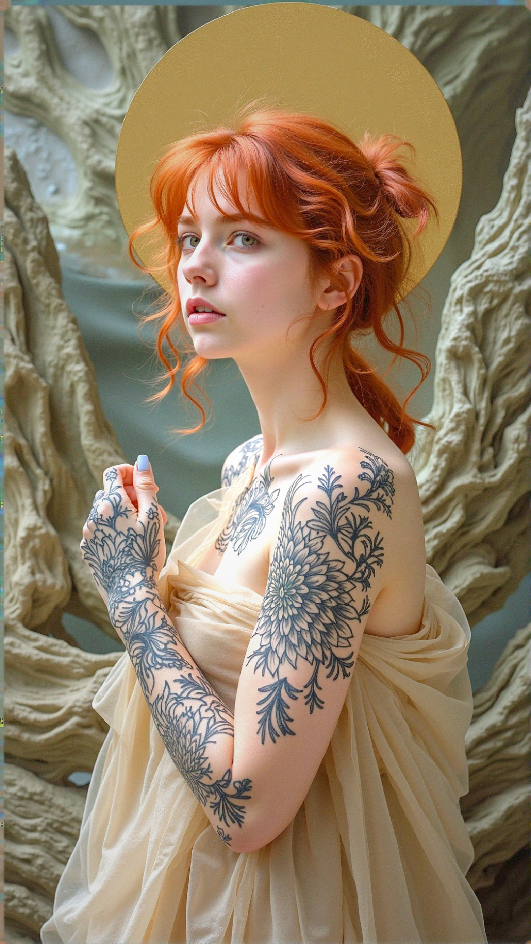 Young woman with red hair and floral tattoos