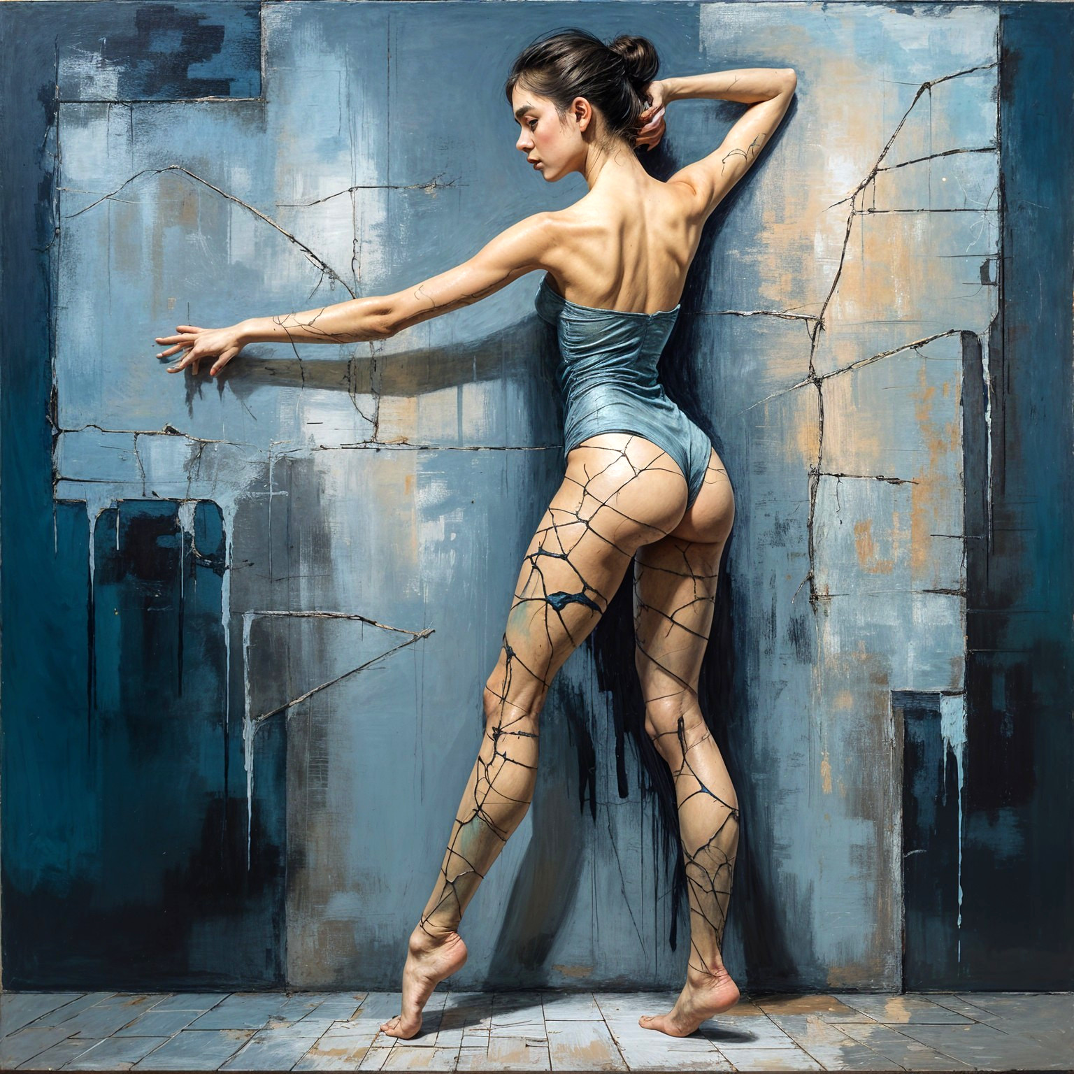 Graceful Female Figure Against Abstract Blue Gray Background
