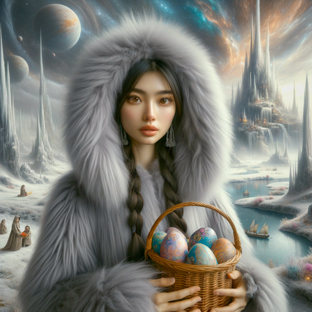 Young woman in fur coat in a fantastical landscape