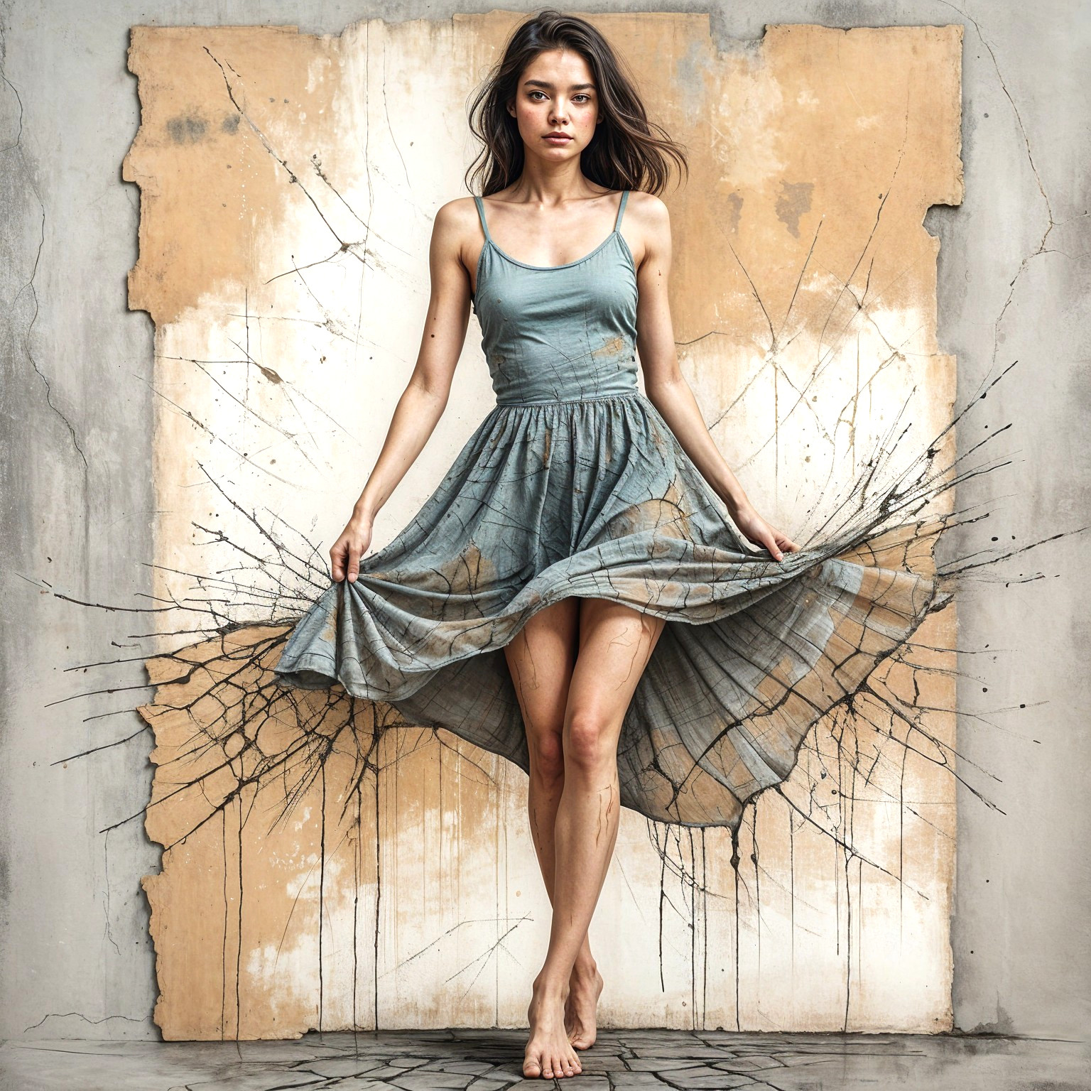 Woman in Blue Top and Patterned Skirt by Wall