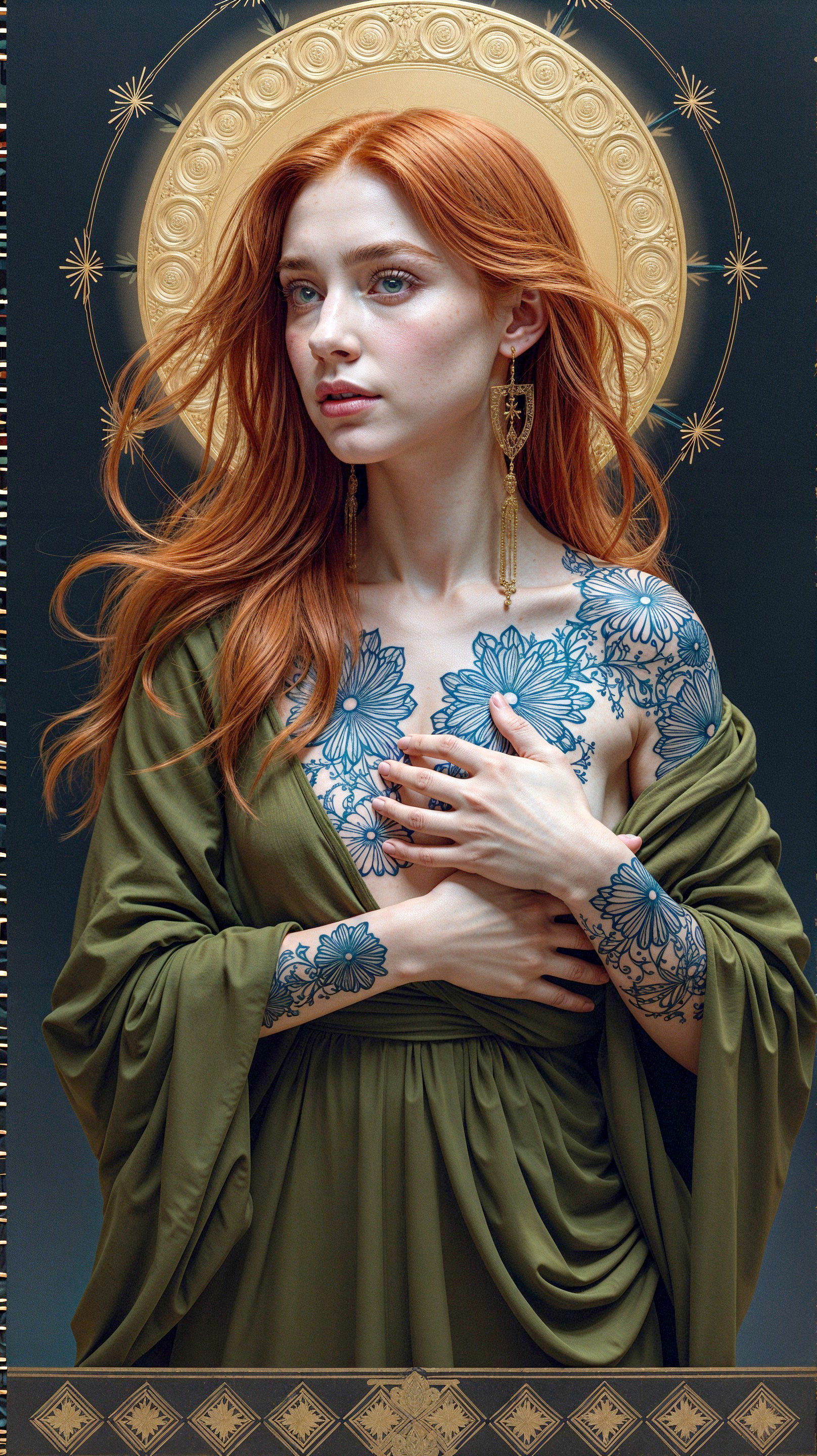 Woman with Red Hair in Green Garment and Floral Tattoos