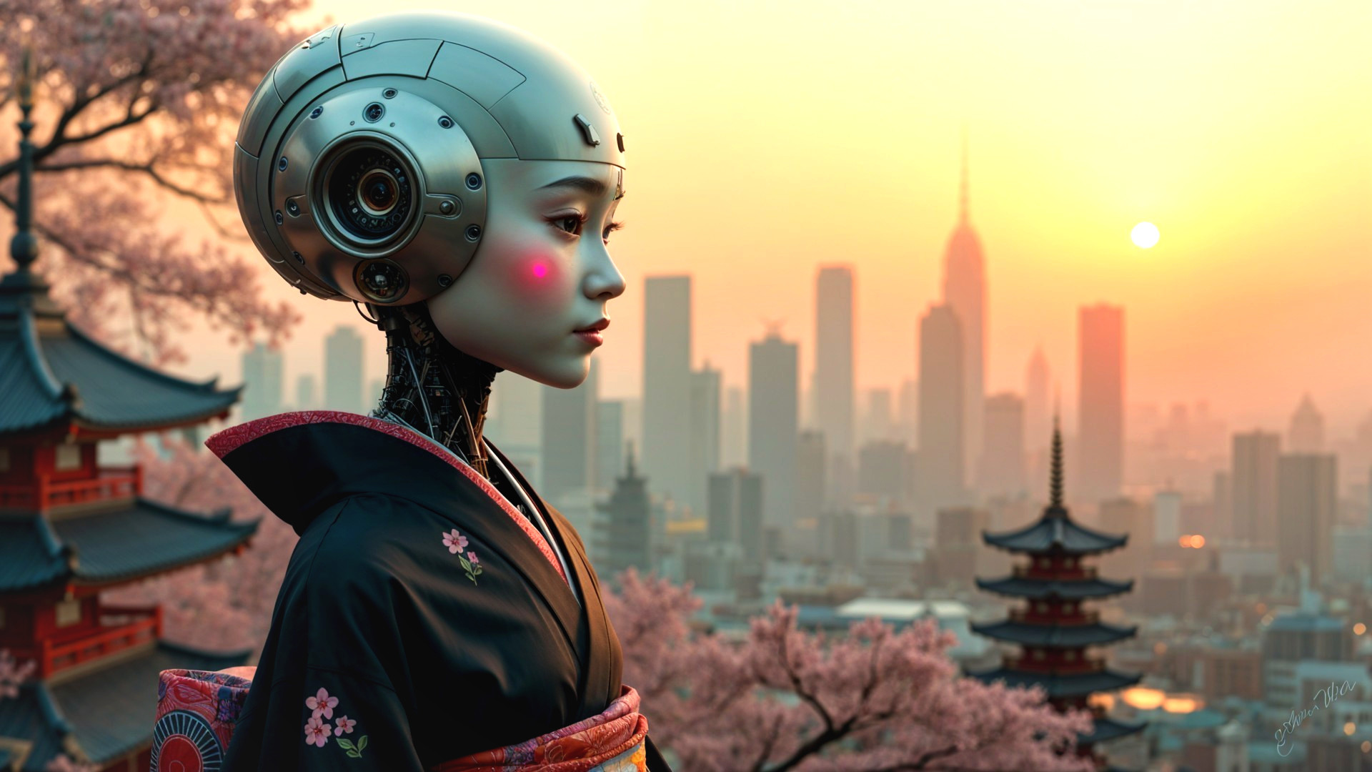 Futuristic Robot in Kimono Overlooking Cityscape