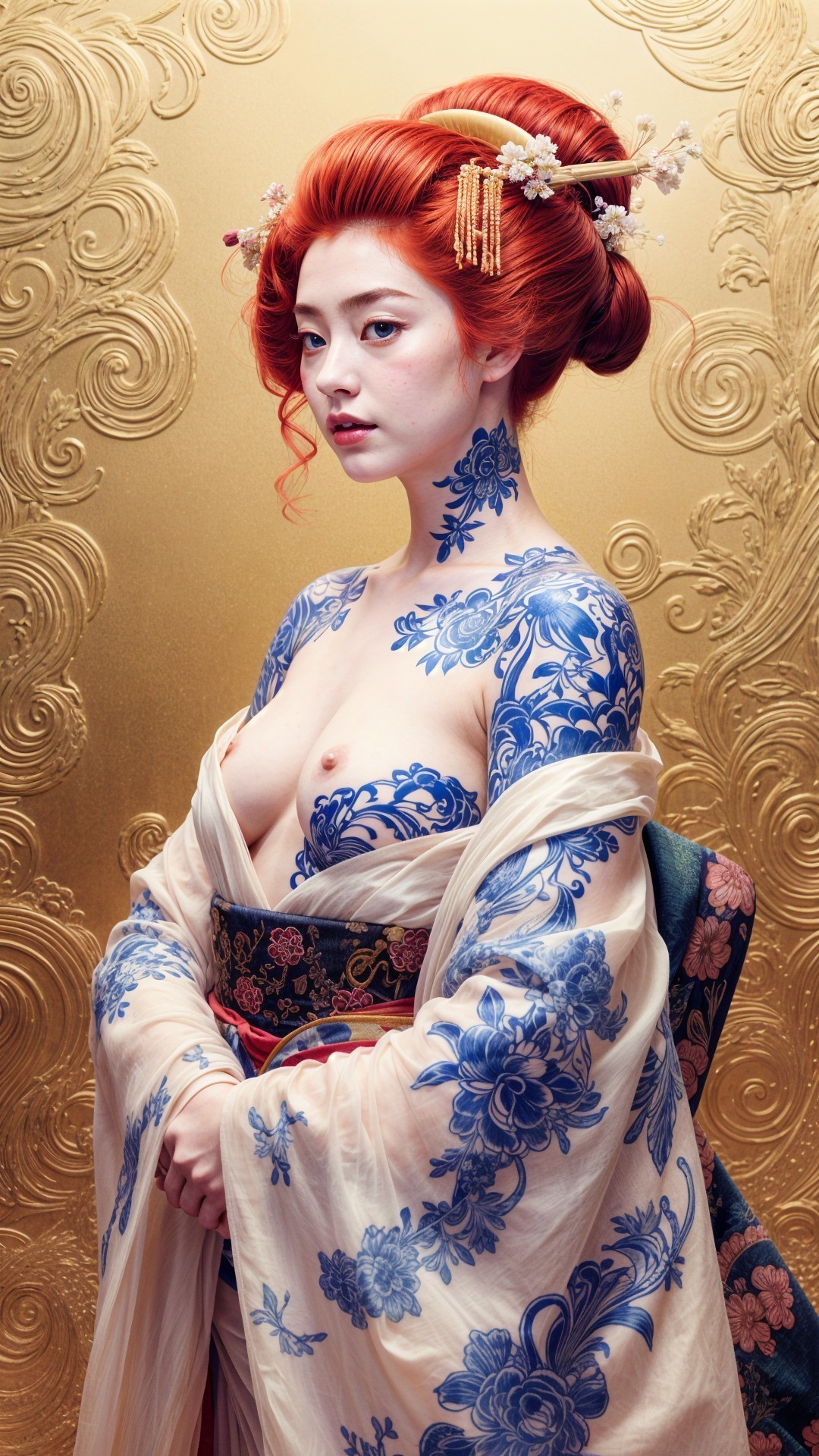 Elegant Woman in Kimono with Floral Tattoos and Gold Background
