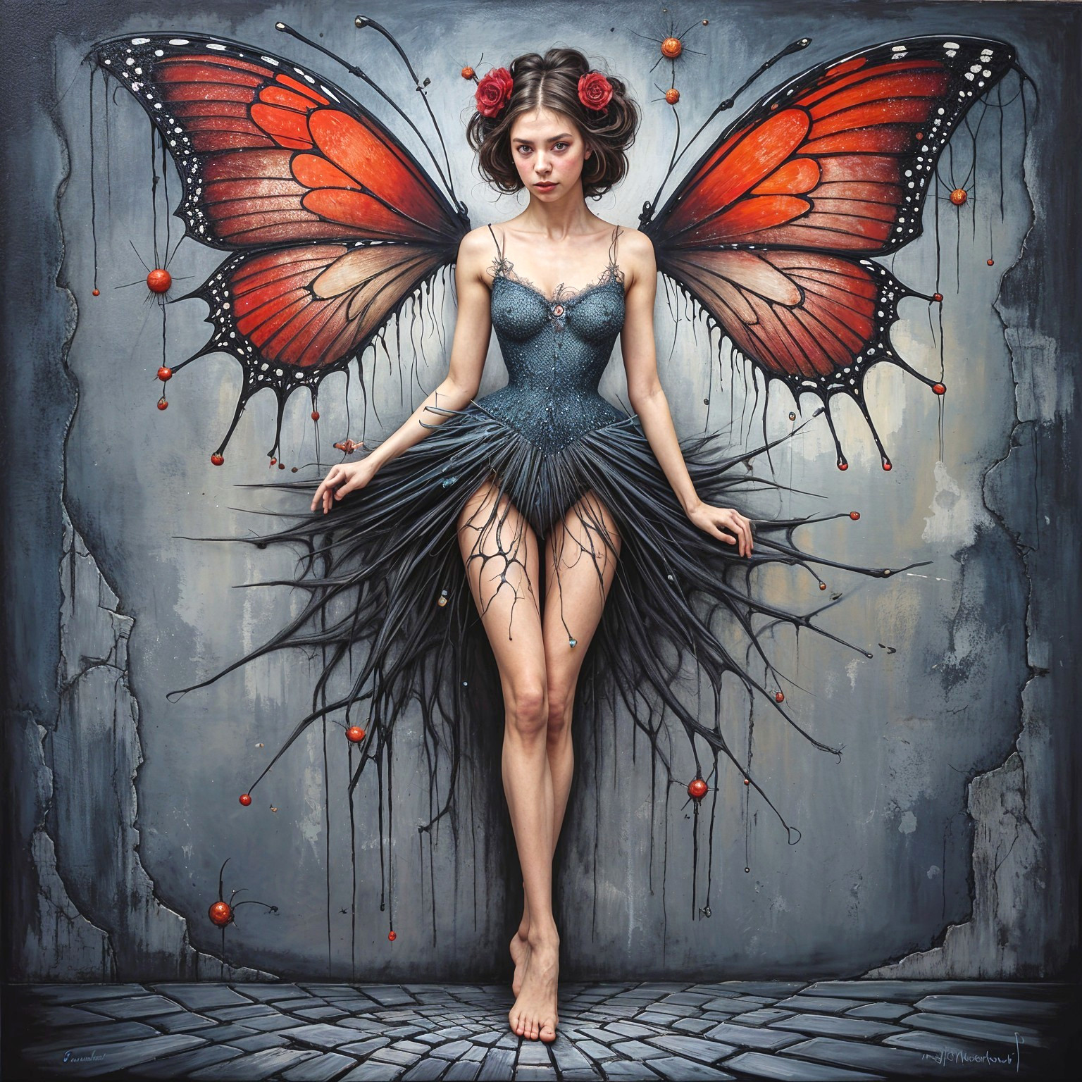 Woman with Monarch Butterfly Wings in Dark Outfit