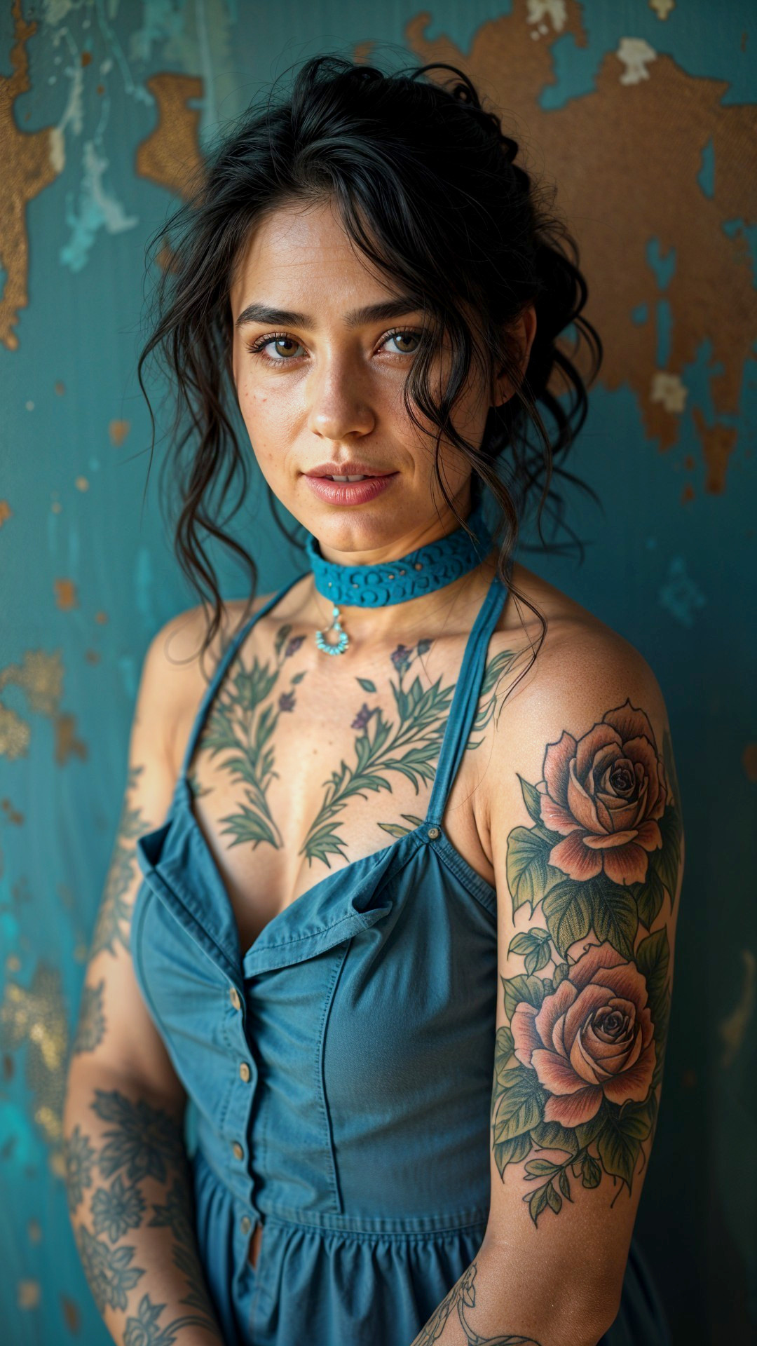 Young woman in blue dress with tattoos and backdrop