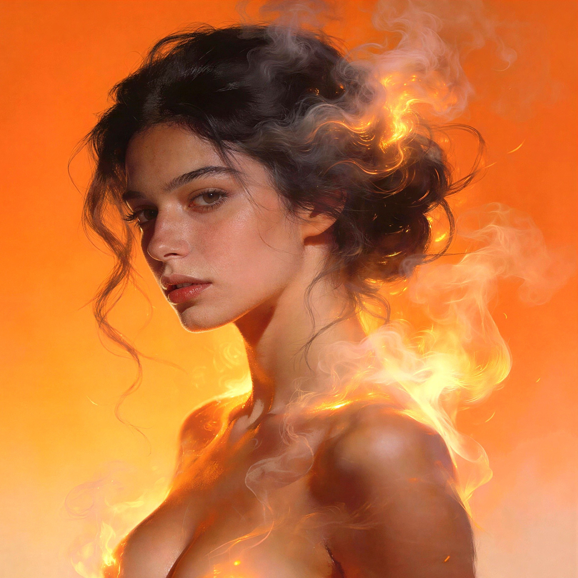 Close-up of a woman with curly hair and orange background