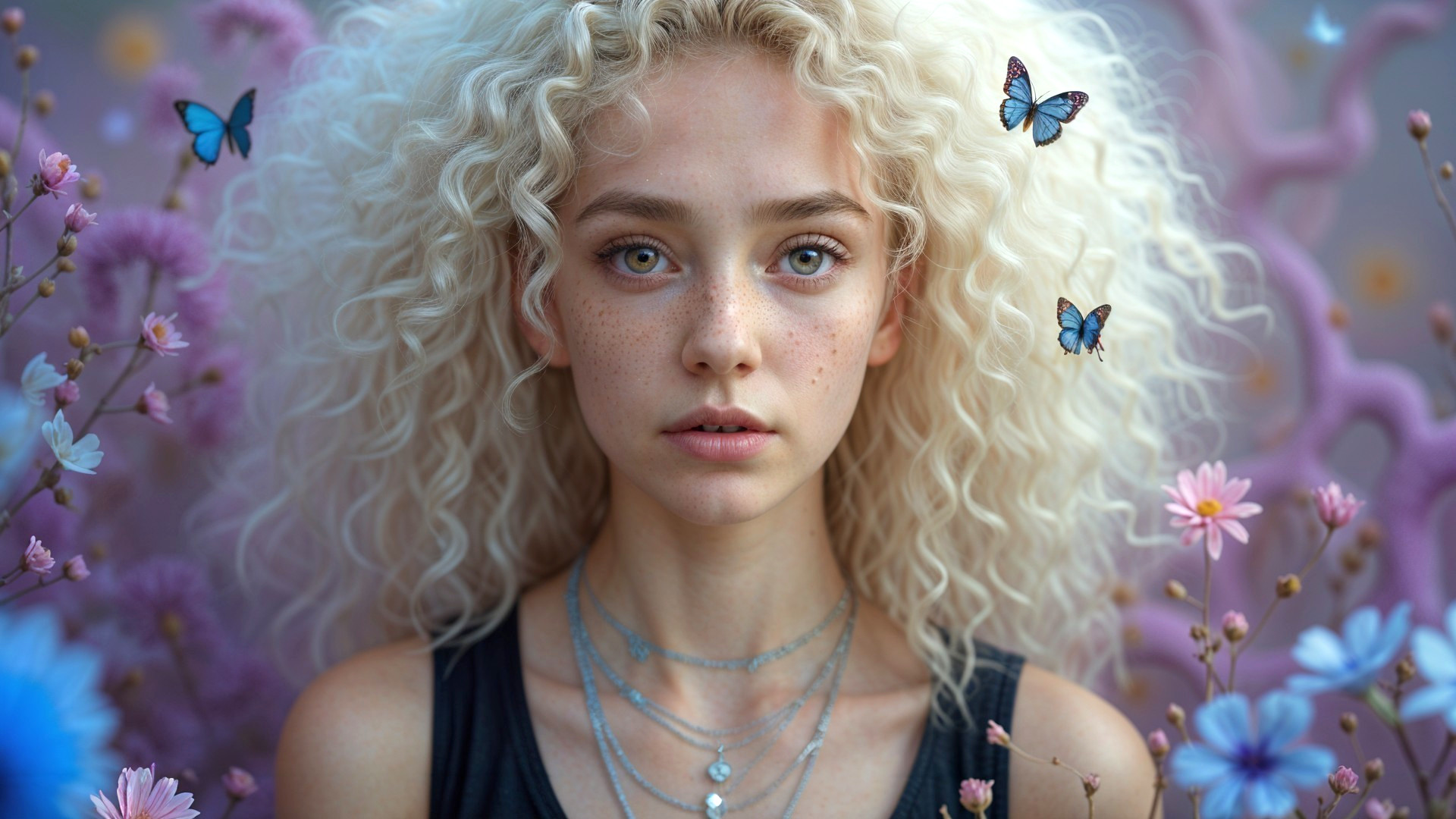 Young Woman with Curly Hair Surrounded by Nature