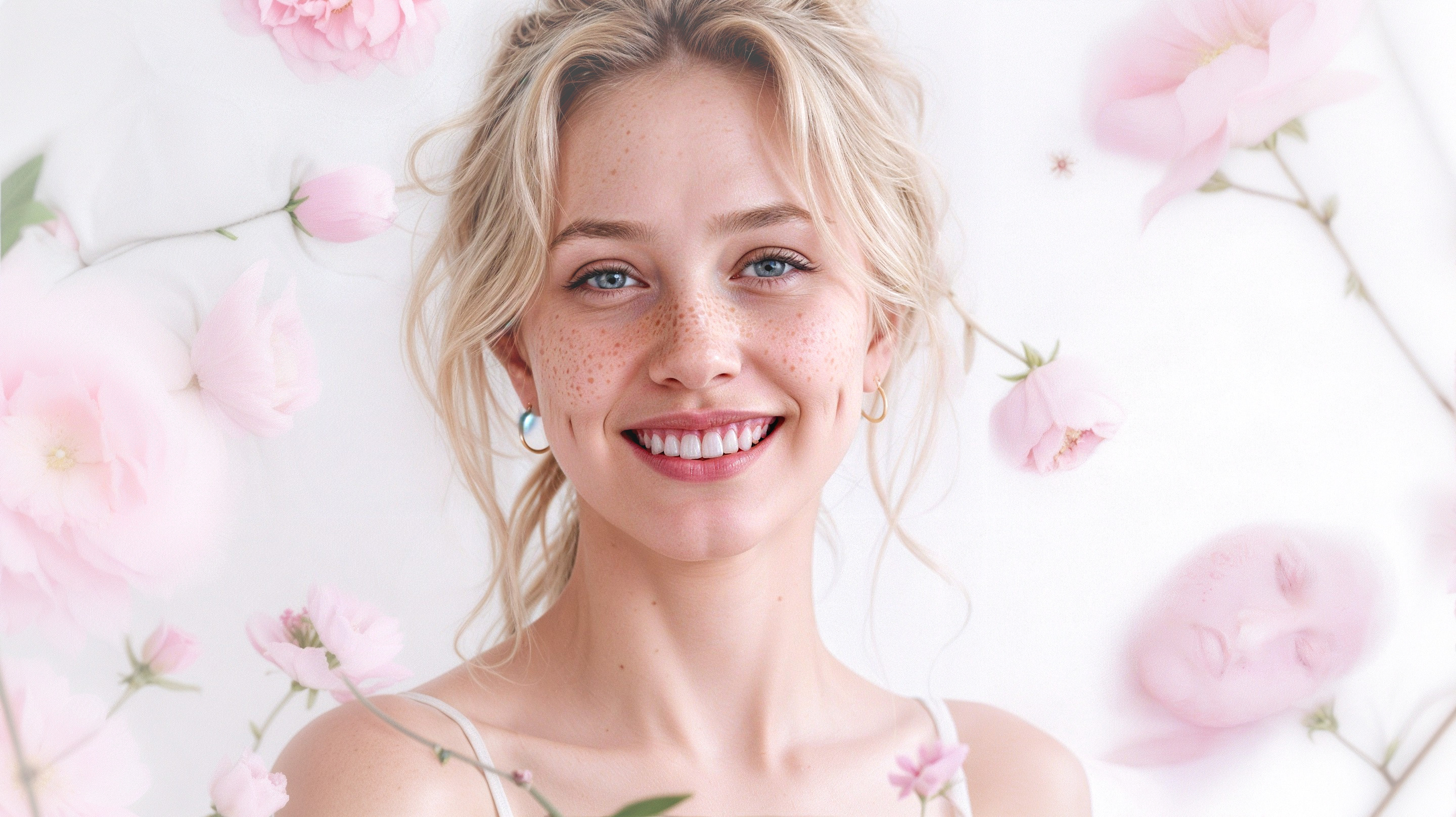 Young woman with blonde hair and pink flowers