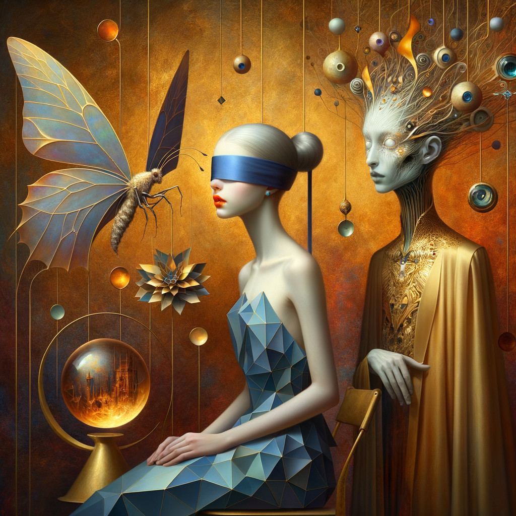 Surreal Scene with Blindfolded Woman and Mysterious Figure