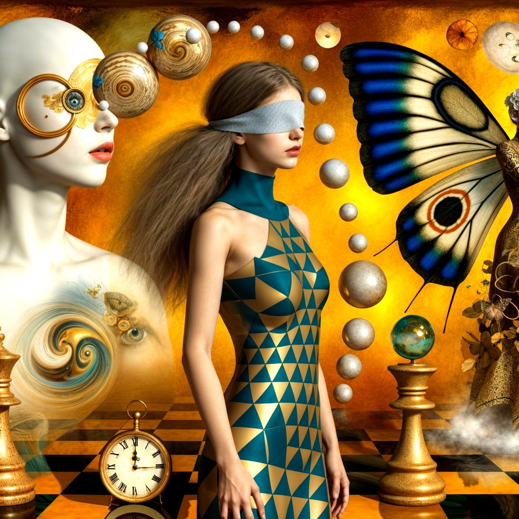 Surreal Scene with Blindfolded Woman and Abstract Elements