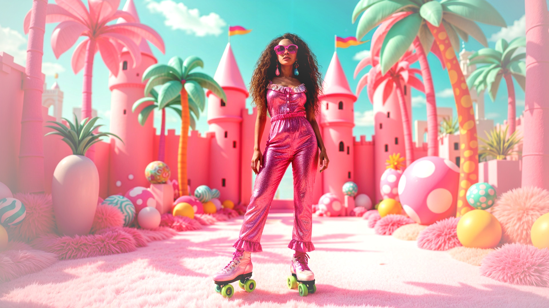Whimsical Scene of a Young Woman in Pink Jumpsuit