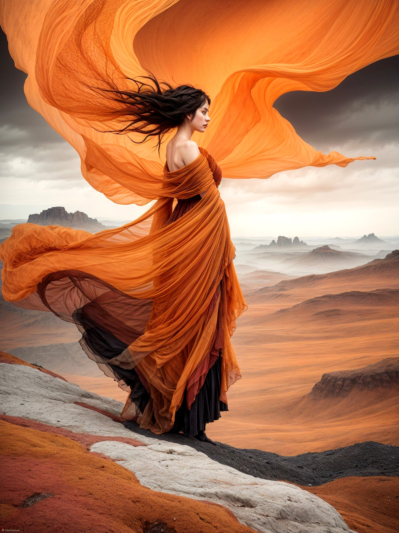 Poised Figure in Flowing Orange Fabric on Rugged Landscape