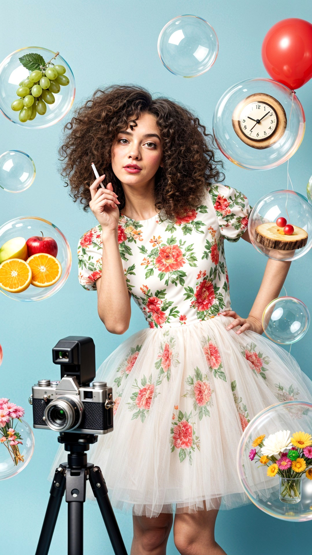 Stylish Young Woman in Floral Dress with Bubbles