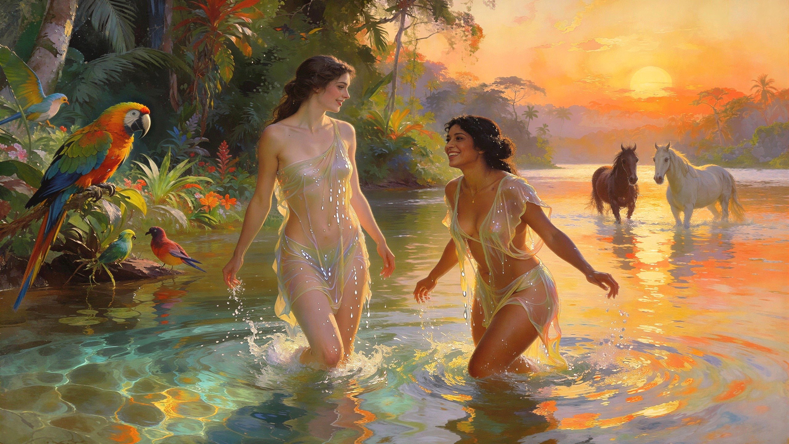 Scenic river view with women, horses, and sunset