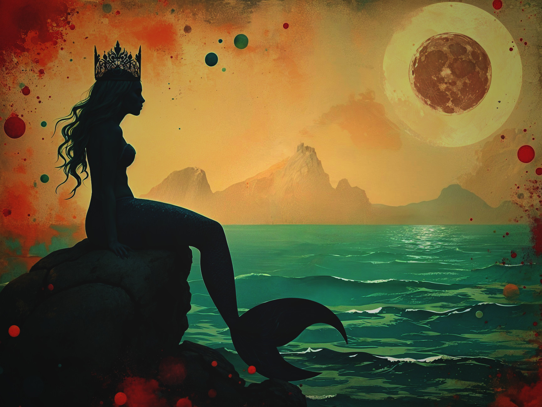 Mermaid Silhouette at Sunset with Luminous Moon