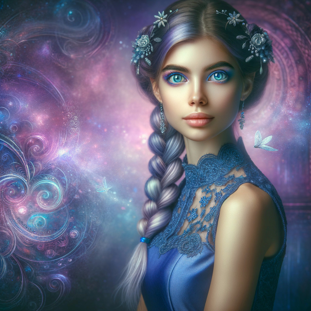 Serene Young Woman in Cosmic Floral Setting