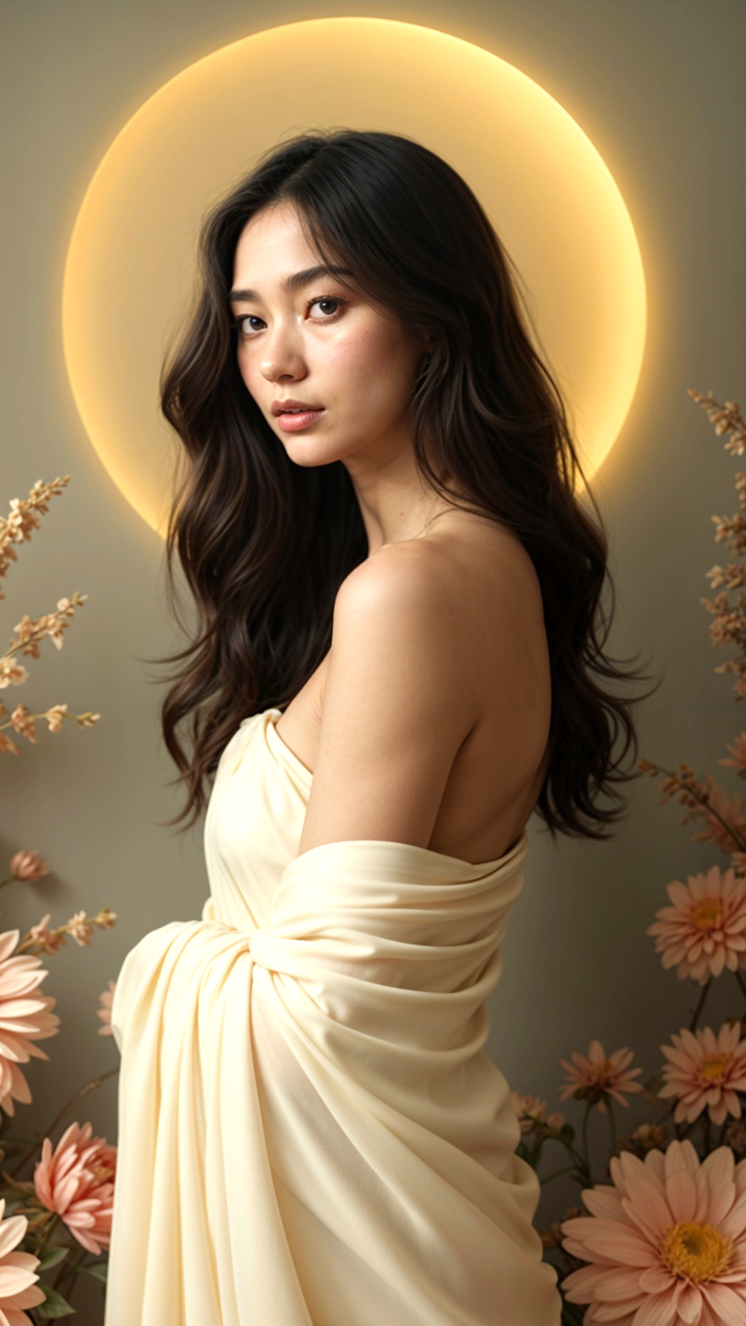 Serene portrait of a young woman with flowing fabric