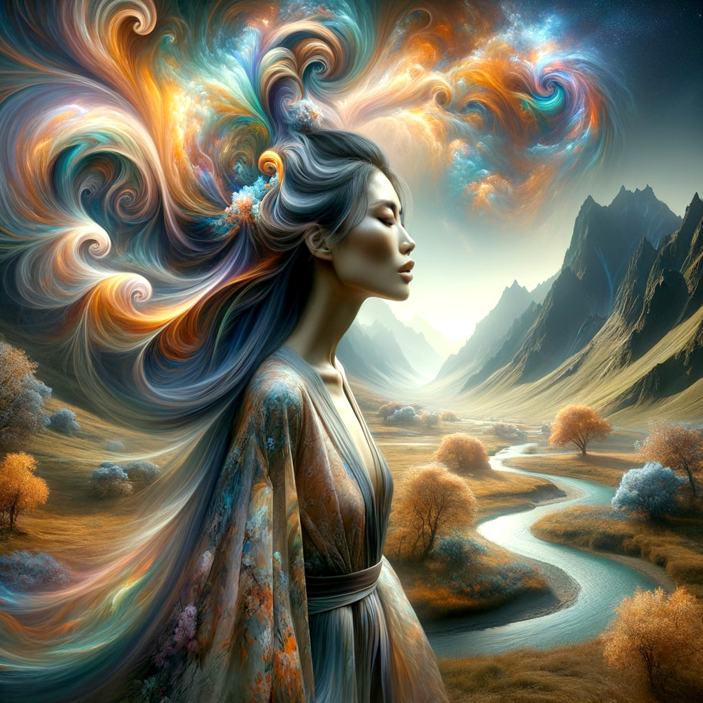 Serene figure in flowing robe amidst vibrant nature