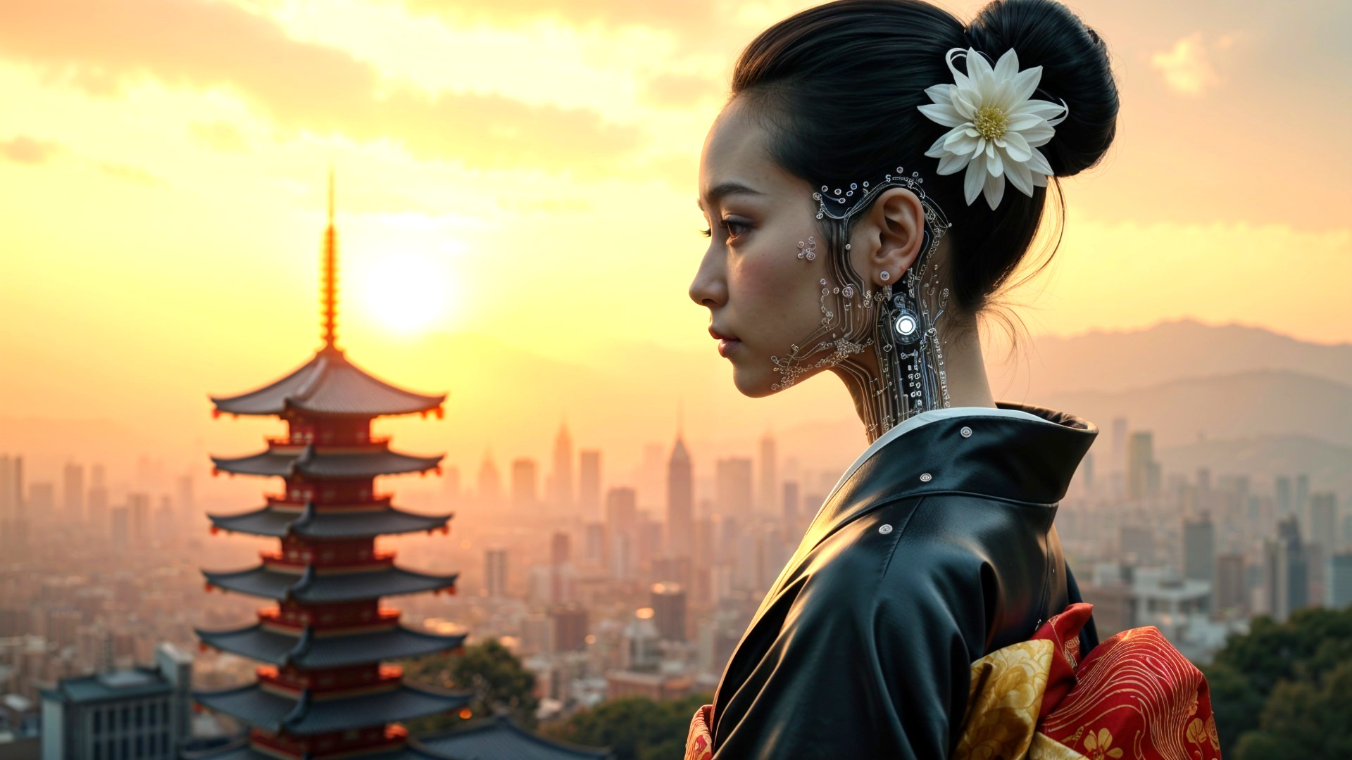Woman in Traditional Attire Against Sunset and Skyline