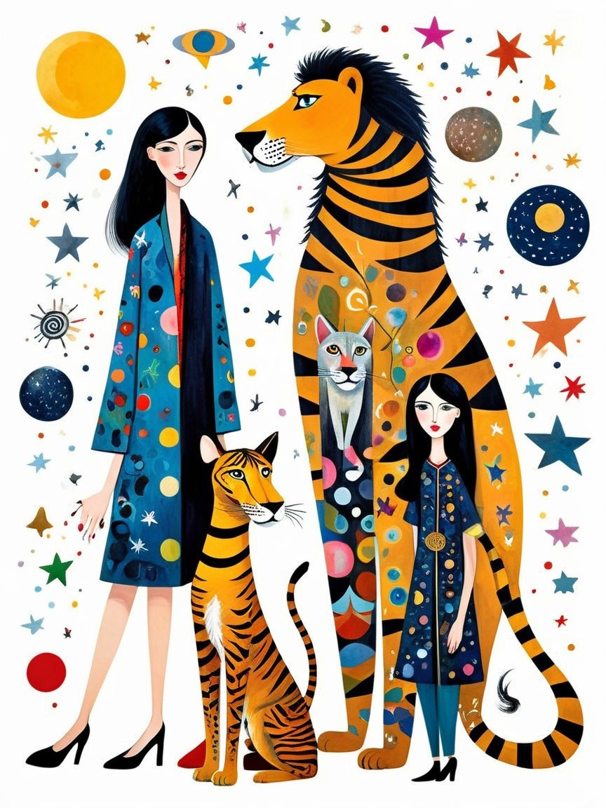 Elegant Women with Tigers in Dreamlike Setting