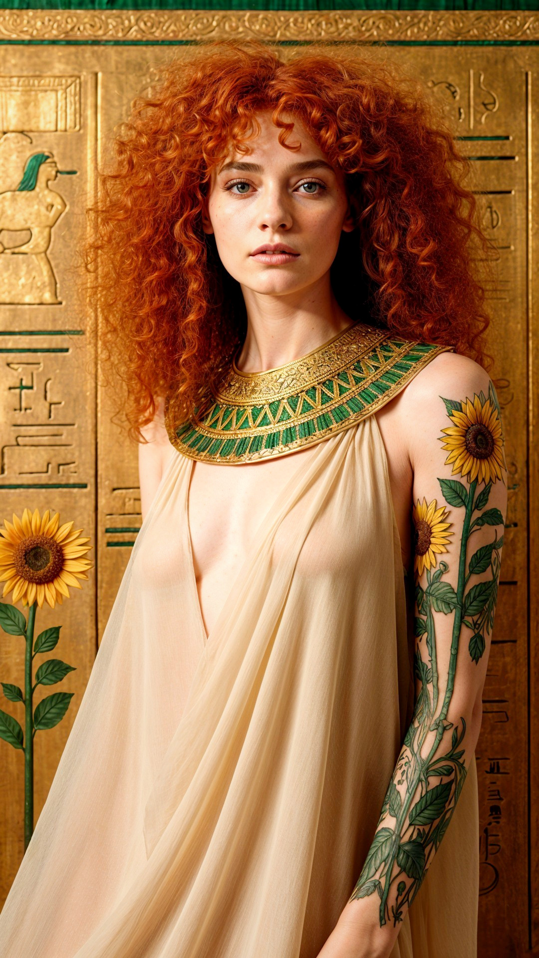 Model in Beige Gown with Red Curls and Tattoos