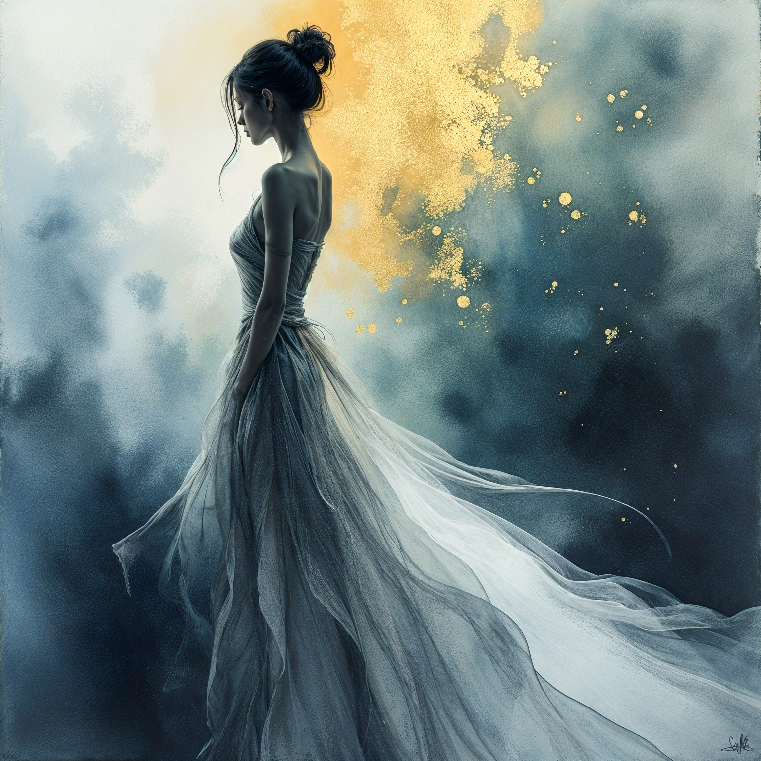 Elegant figure in ethereal gown with soft colors
