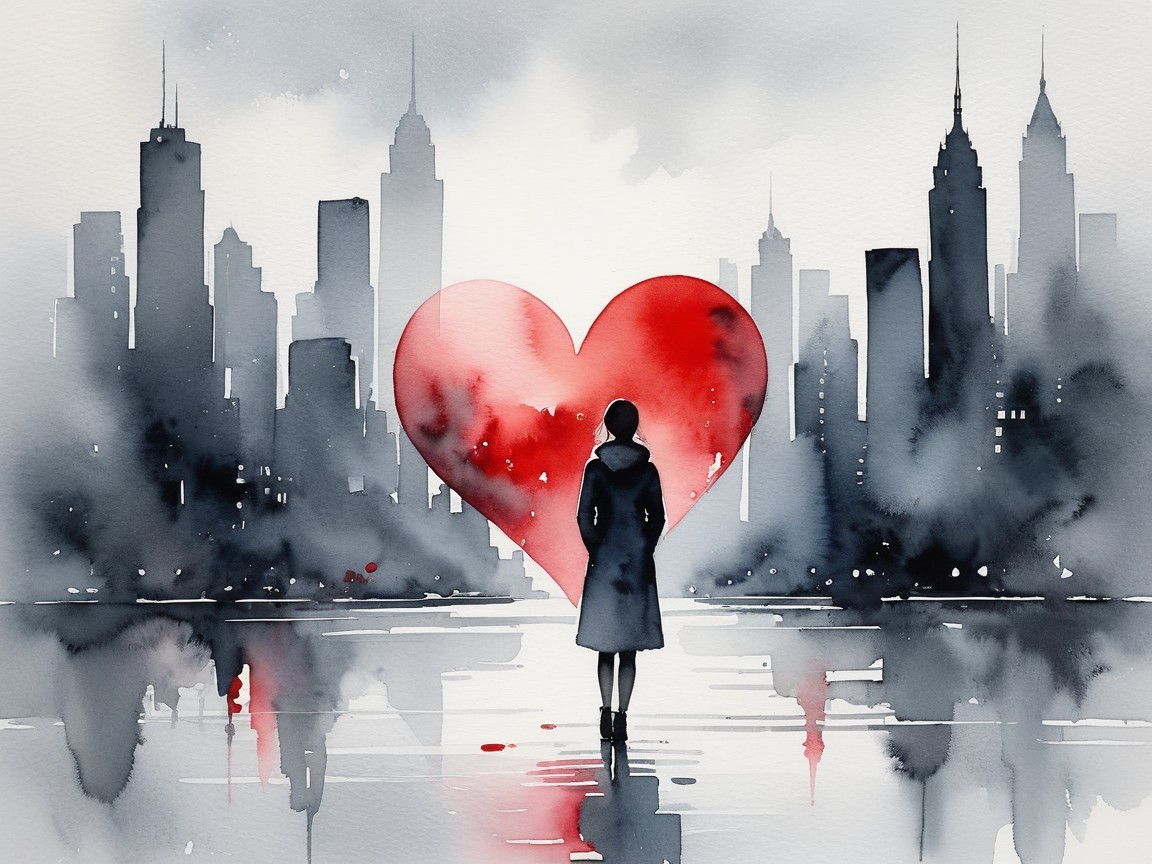Silhouette of Woman with Red Heart and City Skyline