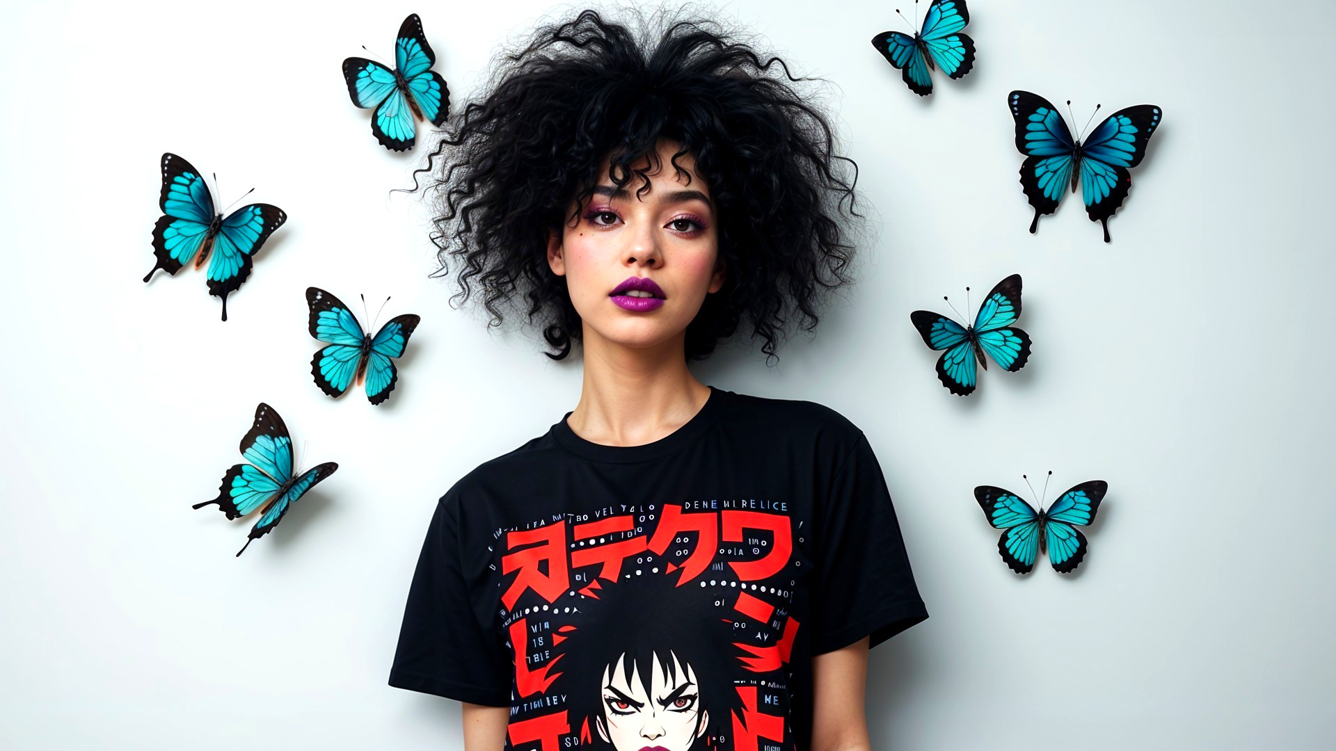 Young woman with curly hair and graphic t-shirt