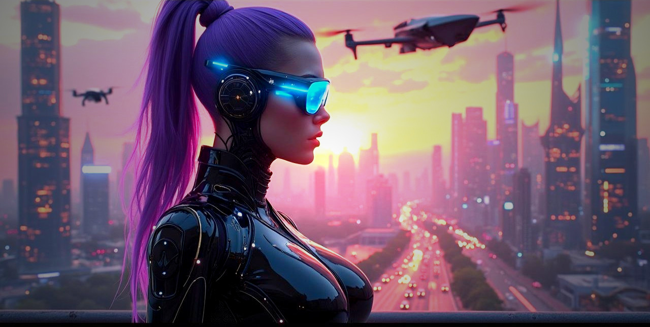 Futuristic Cityscape with Cybernetic Woman at Sunset