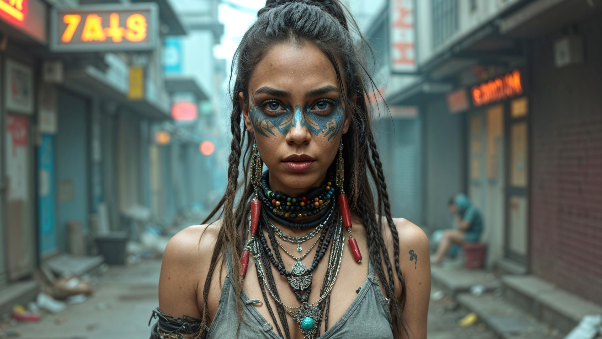 Striking Woman in Vibrant Face Paint in Misty Alley