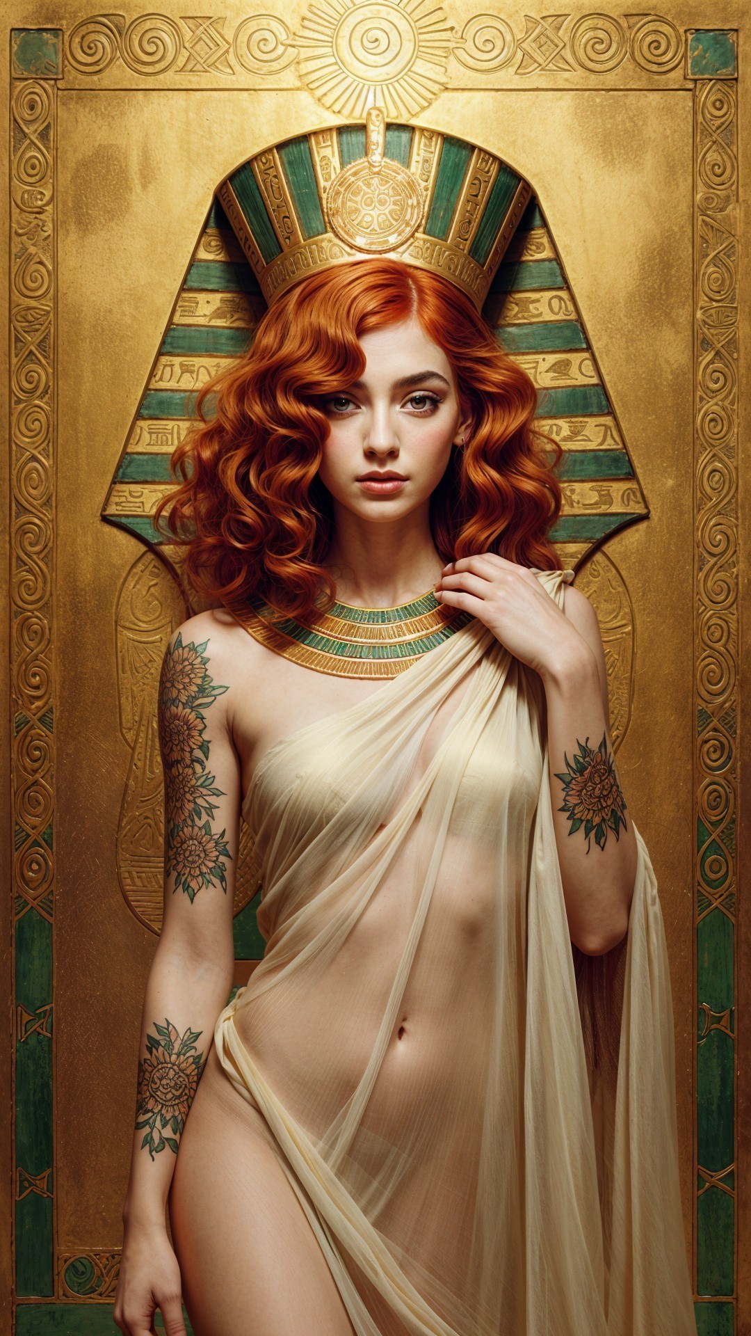 Vibrant Red-Haired Figure Against Golden Background