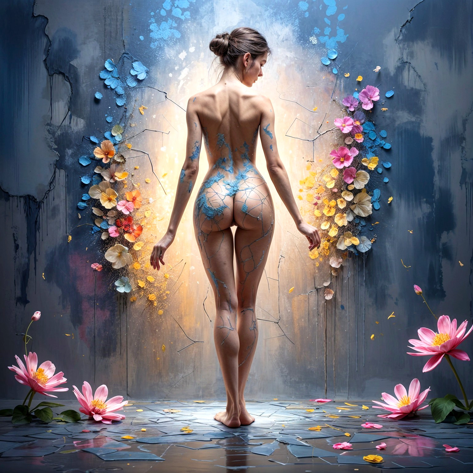 Graceful Figure with Blue Body Art and Floral Backdrop