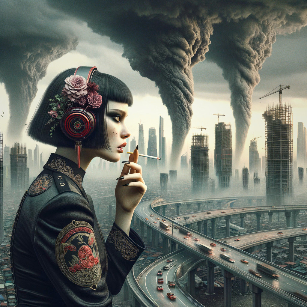Futuristic woman with bob haircut in chaotic skyline