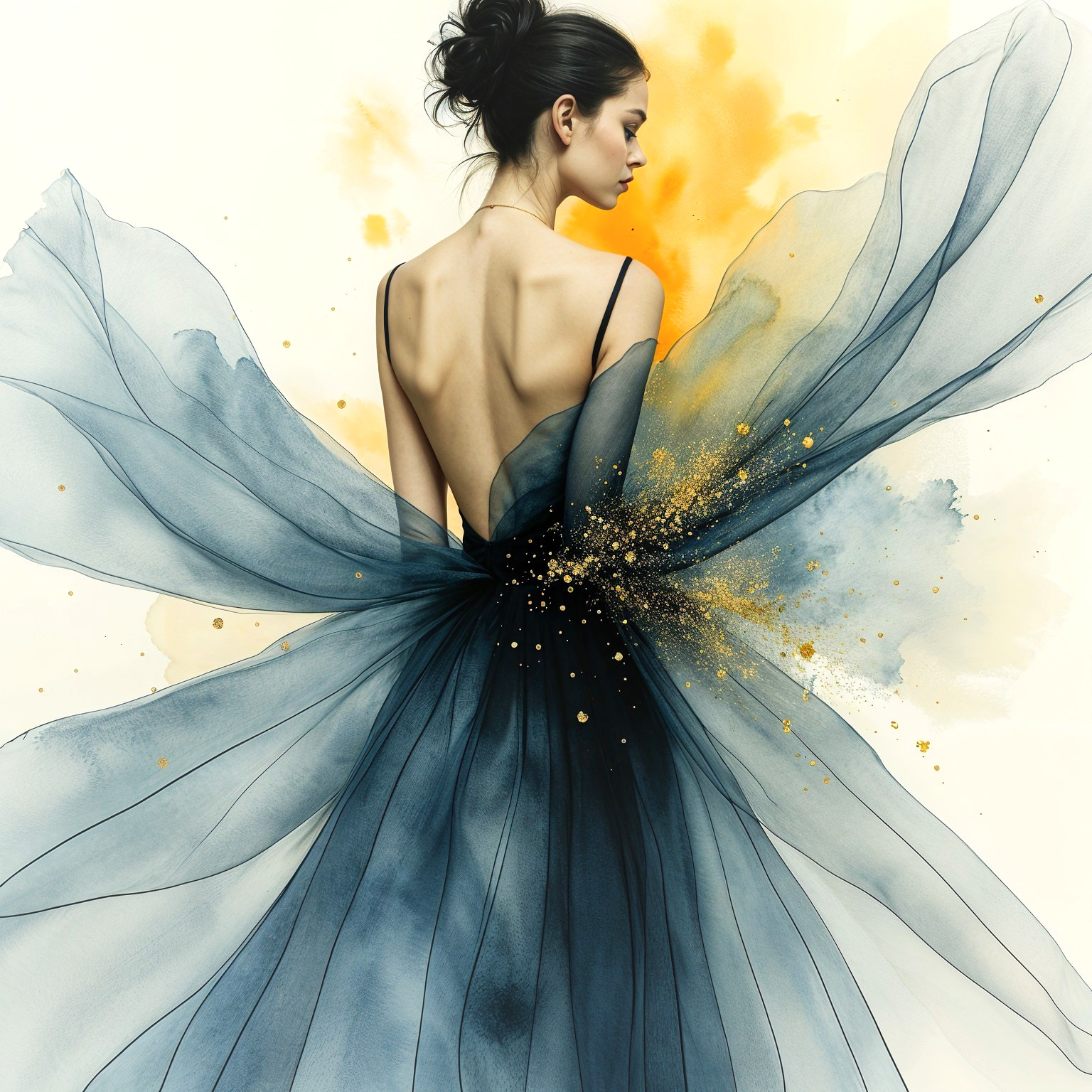Ethereal Gown in Soft Blue and Gold Hues