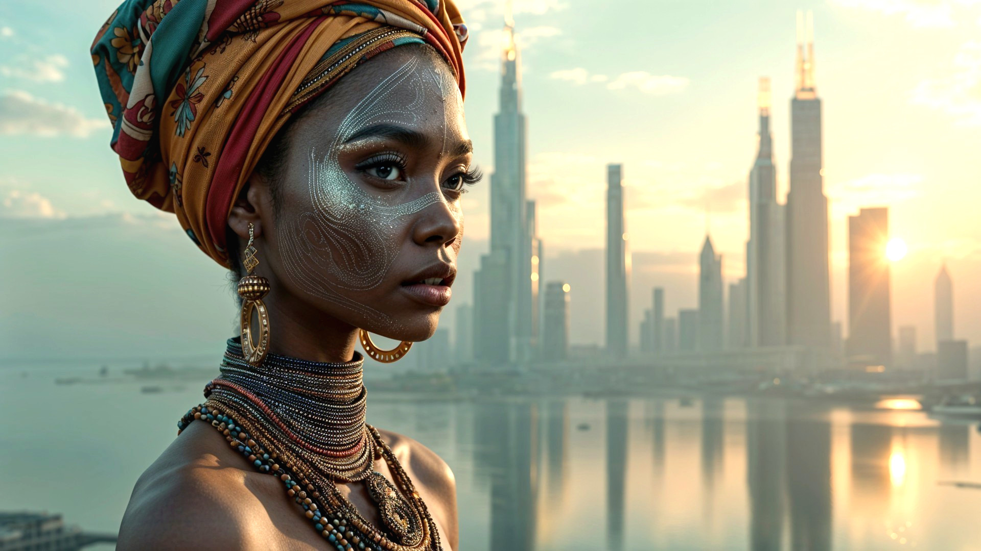 Portrait of a Young Woman with Headwraps at Sunset