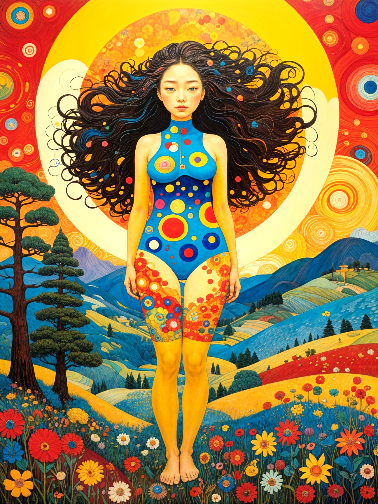 Woman in Bodysuit Surrounded by Colorful Landscape
