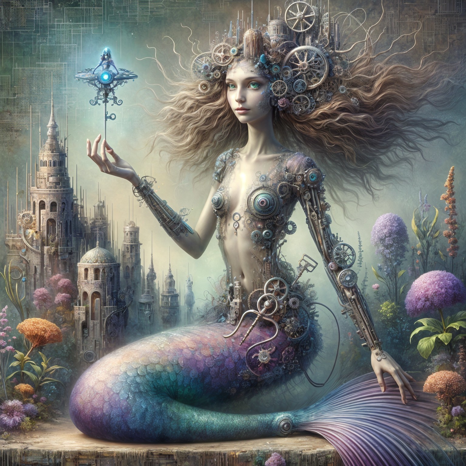 Mermaid with Metallic Hair in Vibrant Underwater Scene