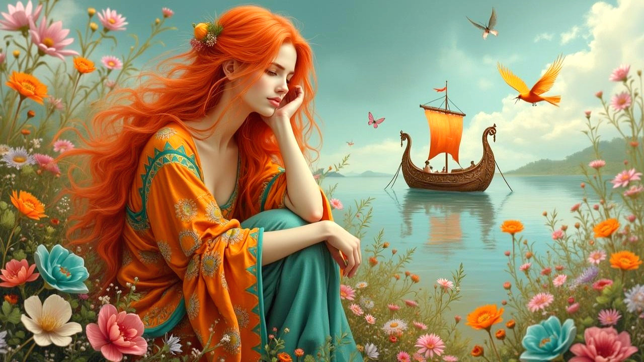 Young Woman in Vibrant Flowers by Calm Water