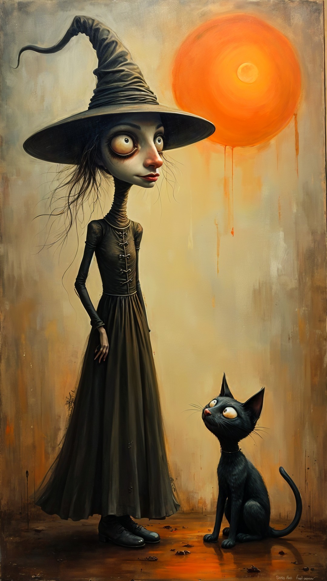 Whimsical Witch and Cat in Surreal Landscape