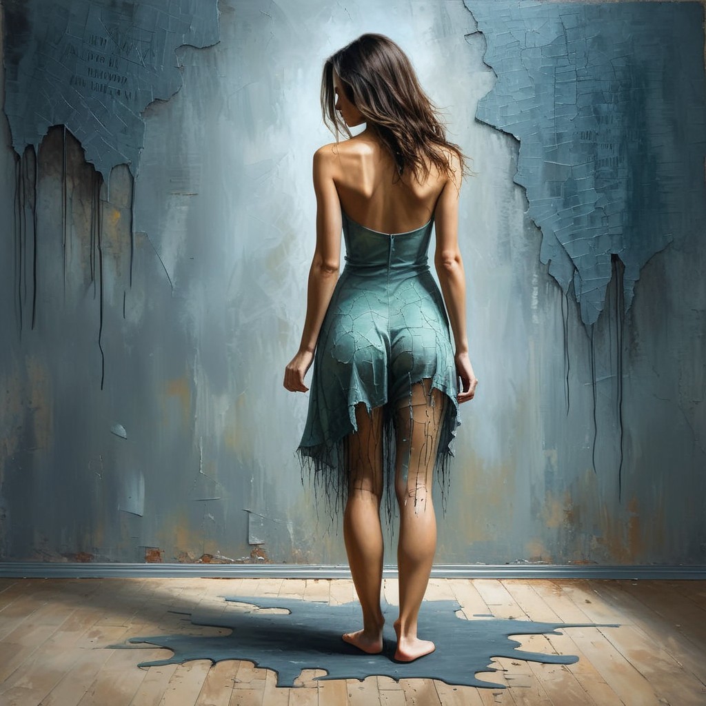 Young Woman in Teal Dress Against Peeling Wall