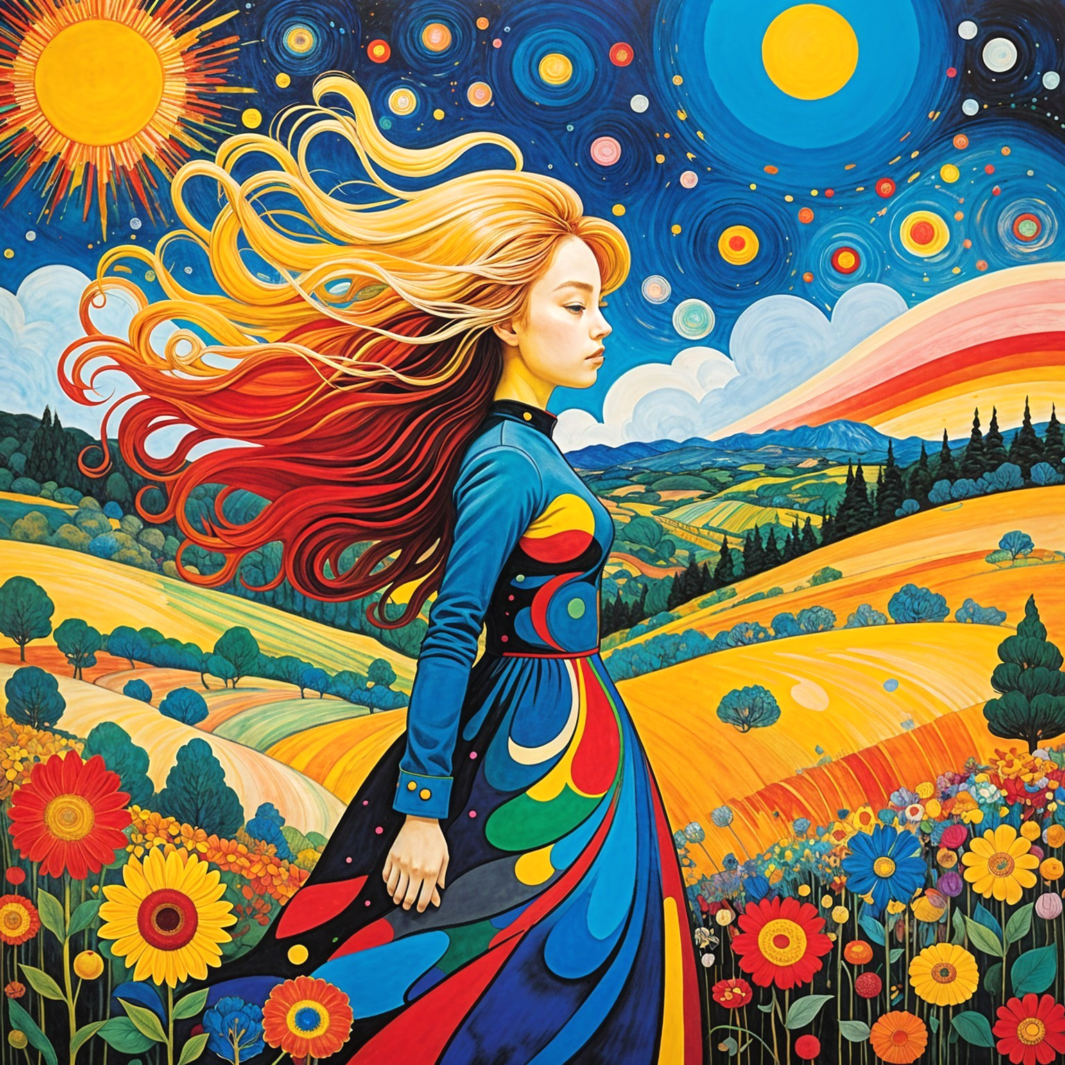 Vibrant Landscape with Woman in Multicolored Dress