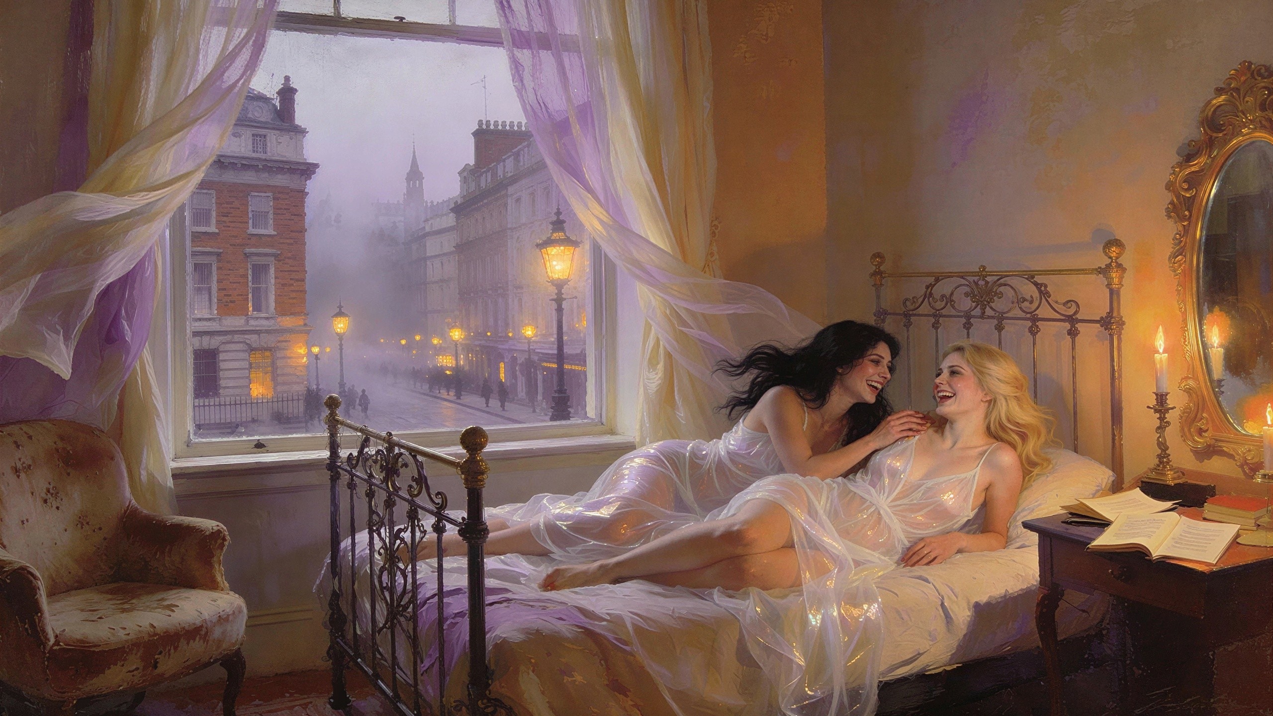Two women in sheer nightgowns laughing in bed