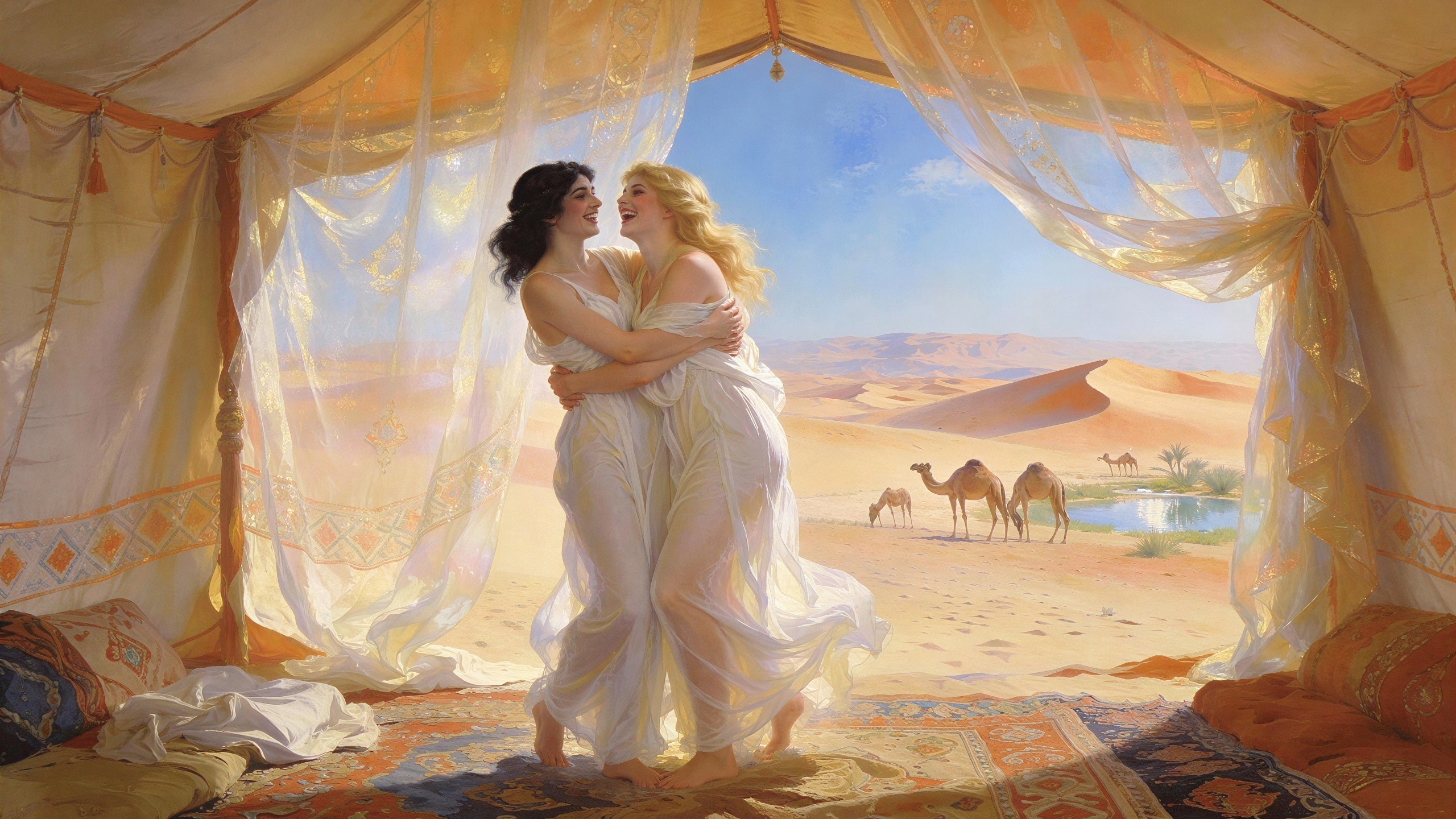 Women in Sheer Dresses Inside Decorative Desert Tent