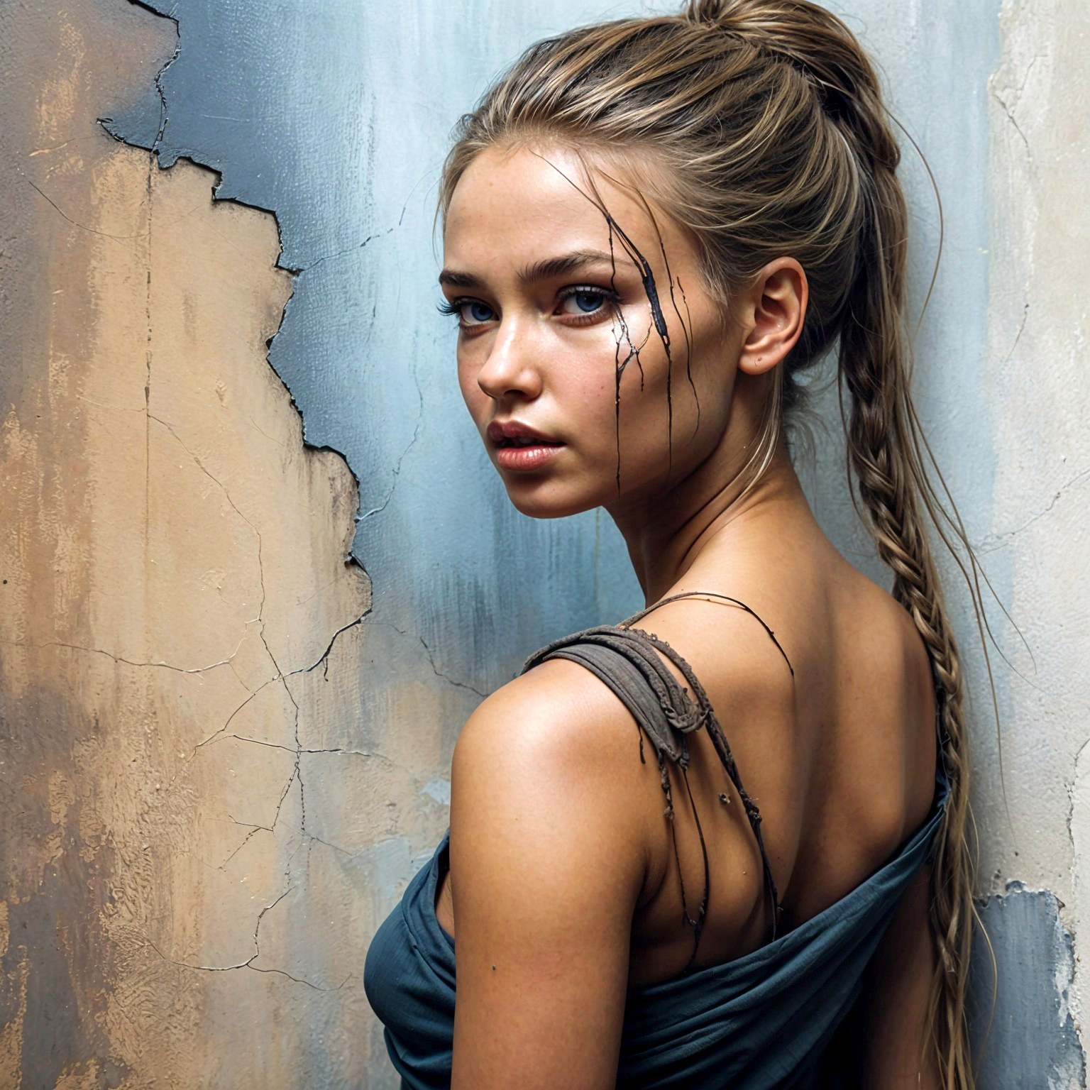 Young woman with flowing hair against textured wall