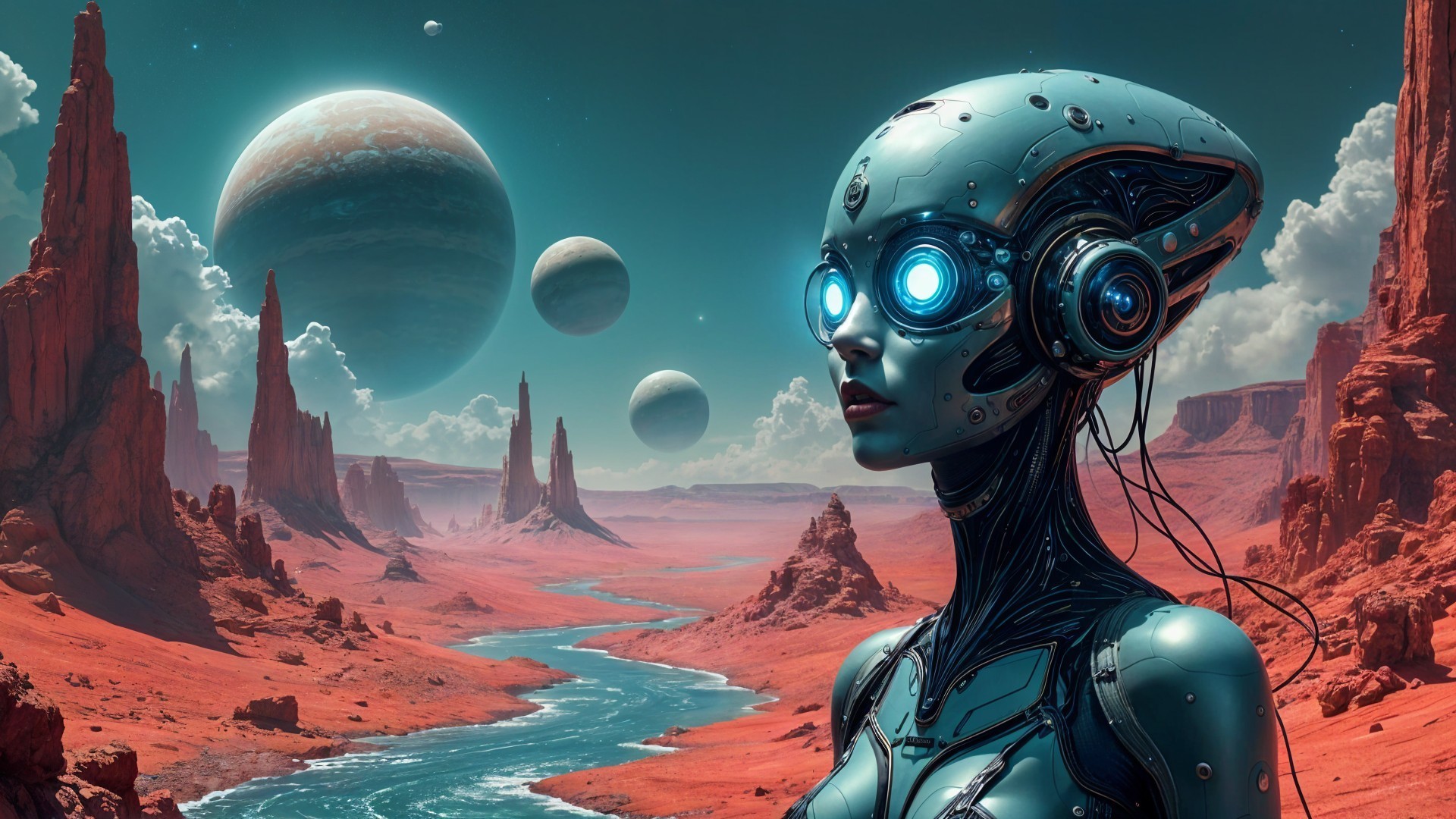 Futuristic Robot in Surreal Alien Landscape with Planets