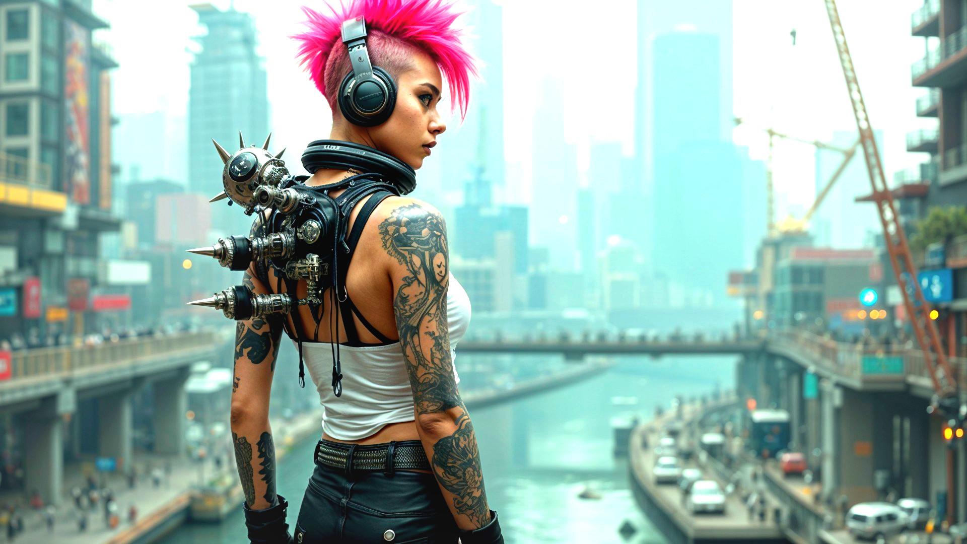 Futuristic Cityscape with Confident Woman and Tattoos